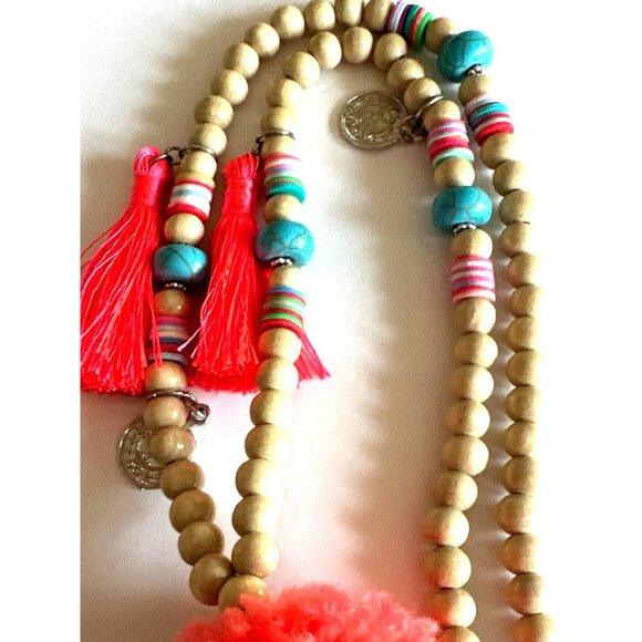 Vibrant Boho Long Tassel Necklace Cowrie Shells Pom Poms Beads Statement - Picture 4 of 9